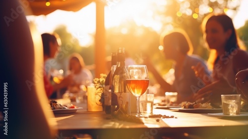 a group of friends having dinner and drinks outside in the nature. Vacation with friends. Fun, celebration. Summer time