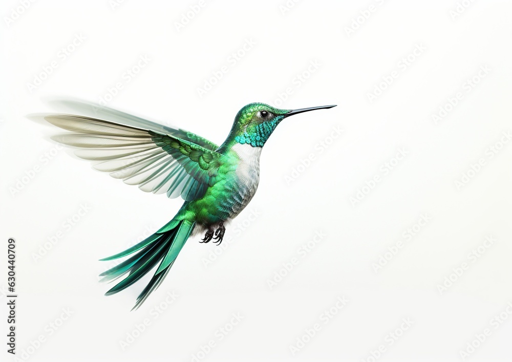 Fototapeta premium Ethereal Hummingbird in Flight: Graceful Beauty Against a Serene White Canvas. Generative A