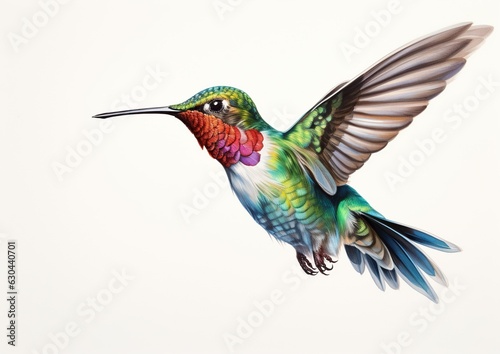Ethereal Hummingbird in Flight: Graceful Beauty Against a Serene White Canvas. Generative A © DigitalGenetics