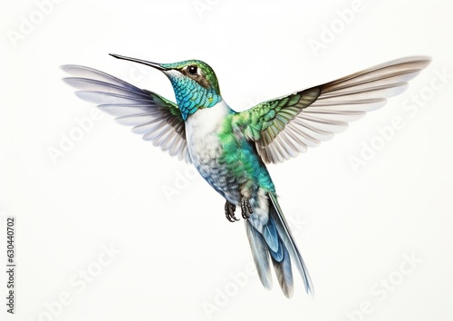 Ethereal Hummingbird in Flight: Graceful Beauty Against a Serene White Canvas. Generative A