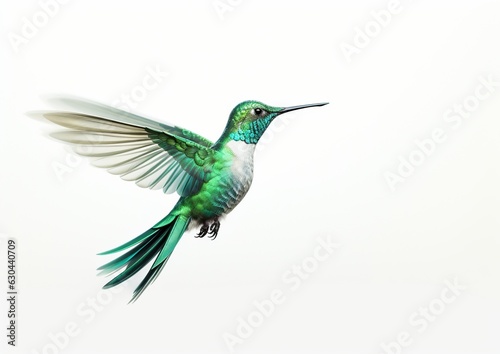 Ethereal Hummingbird in Flight: Graceful Beauty Against a Serene White Canvas. Generative A © DigitalGenetics
