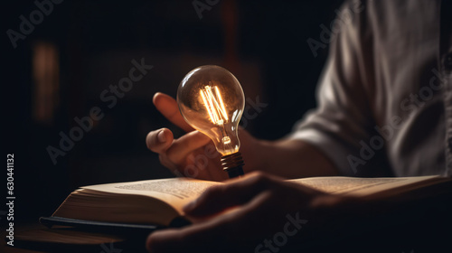 Man hand touching to glowing lightbulb on open book for reading to searching knowledge and creative thinking idea innovation concept