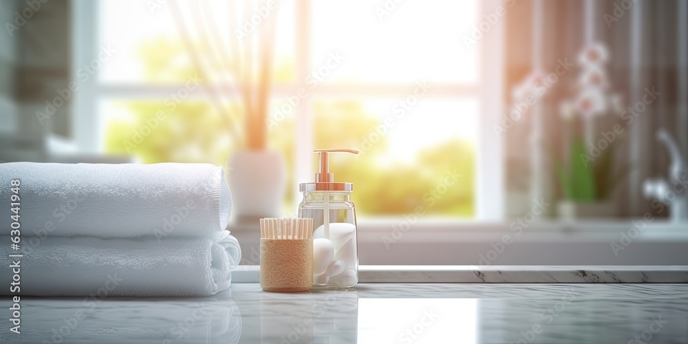 Closeup of Empty Tabletop Product on Table Bathroom Interior with Blurred Background Closeup of Empty Tabletop Product on Table Bathroom Interior with Blurred Background