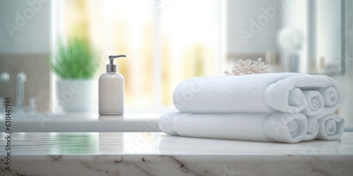 Closeup of Empty Tabletop Product on Table Bathroom Interior with Blurred Background