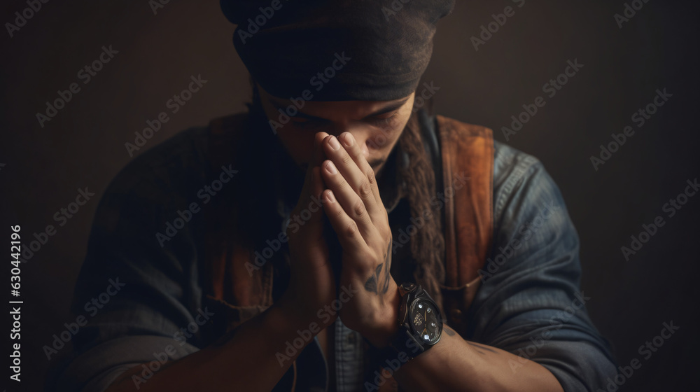 Christian life crisis prayer to god. Man Pray for god blessing to wishing have a better life. man hands praying to god with the bible. believe in goodness. Holding hands in prayer, eyes closed - obrazy, fototapety, plakaty 