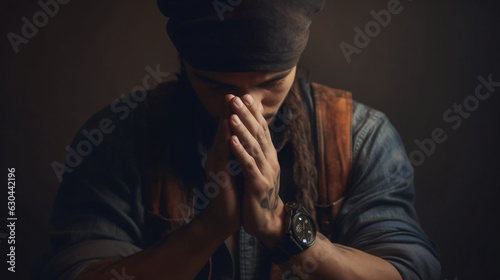 Christian life crisis prayer to god. Man Pray for god blessing to wishing have a better life. man hands praying to god with the bible. believe in goodness. Holding hands in prayer, eyes closed