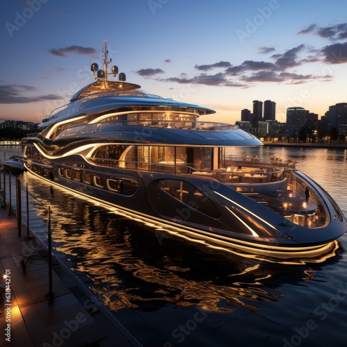 Yacht ship on the sea. Luxury boat. Boat on the beach. Luxury yacht at night. Boat on the water.