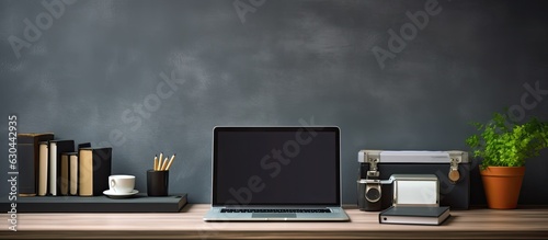A black desk in an office with a laptop, smartphone, and other work supplies along with a cup of coffee. The view is from the top with space to input text. It is a designer's workspace with essential