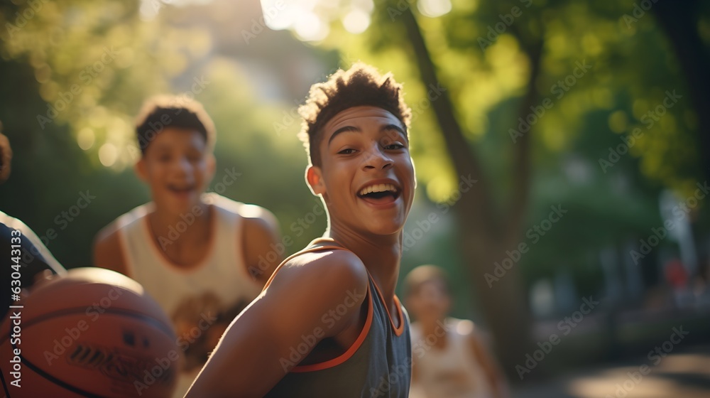 A group of teenagers playing basketball in the park
