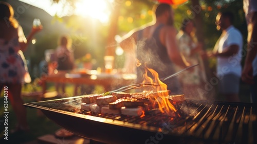 A group of people at a barbecue at sunset. Summer vacation. Grilled vegetables. Dinner on the grill. Tasty juicy meat cooked on the grill. Holiday
