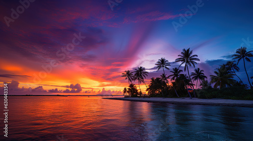 palm trees at sunset in a maldives beach from behind  in the style of light turquoise and violet  romantic riverscapes  aerial photography  light