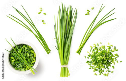 fresh green herbs: chives in a bunch, blades, chopped loose pieces, in a heap and a bowl, isolated cooking, nutrition / diet, farm or garden design elements, set / collection, cut-out transparent PNG photo