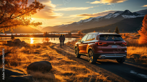 A sunset scene capturing road-trippers pausing on their journey to admire the breathtaking view of the landscape or cityscape