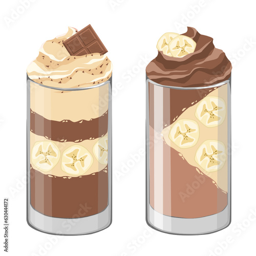 Dessert in a glass. Chocolate, banana and cream.