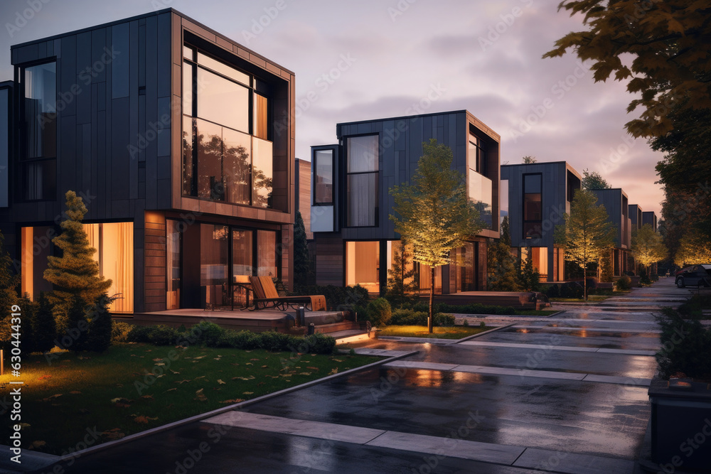 Townhouses facade with illuminated windows in dusk. Modern residential houses in luxury neighborhood
