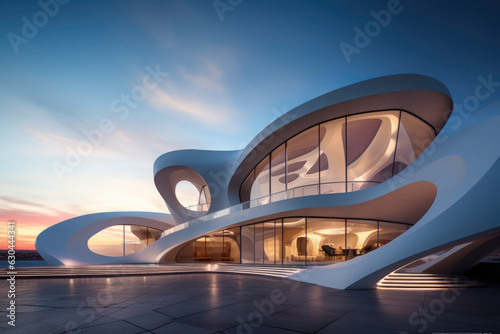 Futuristic building exterior with illumination. Modern architecture with geometrical shapes
