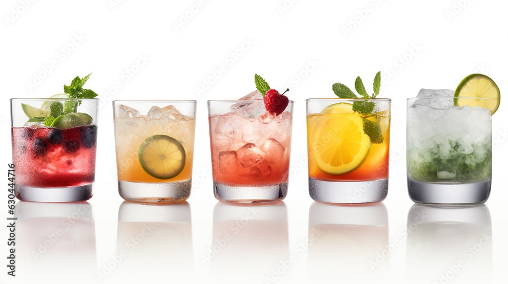 Fototapeta premium variety of cocktail drinks on white background with space for text, copy space, Created using generative AI tools.