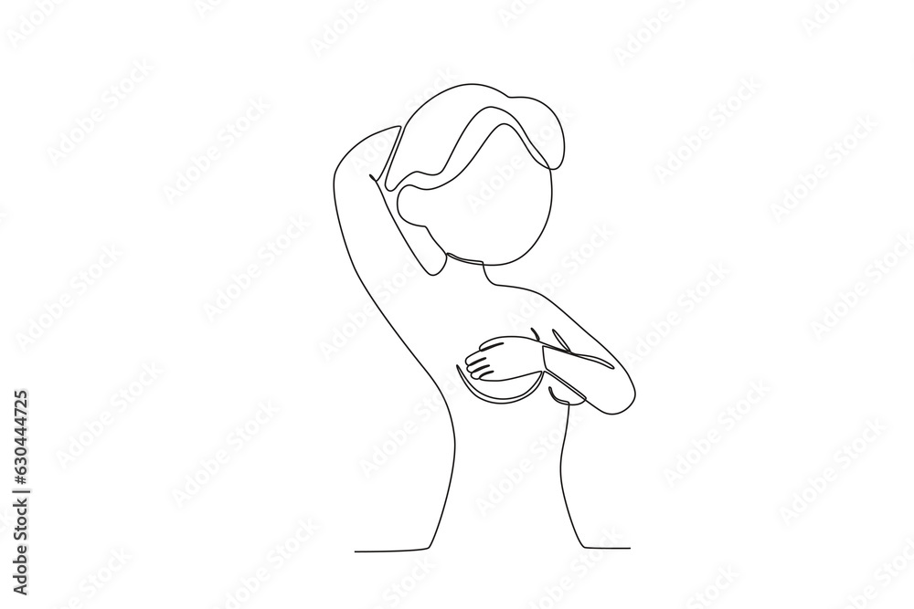 A woman holding a breast. Breast cancer awareness month one-line drawing A woman holding a breast. Breast cancer awareness month one-line drawing