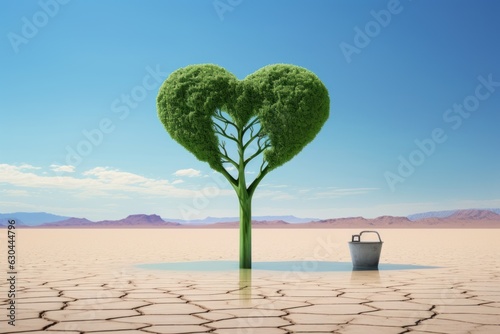 International Day of Charity concept. Tree growing in arid area with heart-shaped crown thanks to charity watering. vector illustration.