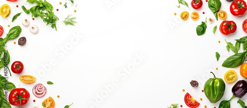 Colorful Pizza Ingredients including tomatoes, cheese, chili peppers, and basil leaves on a white background, viewed from the top with free space.