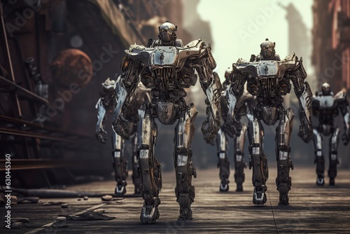 hundert of humanoids silver metal robots marching 