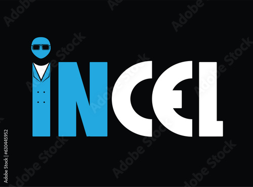 Ilustração da Palavra "Incel" escrita em azul e branco sobre um fundo preto. A letra "I" lembra o formato de um homem.