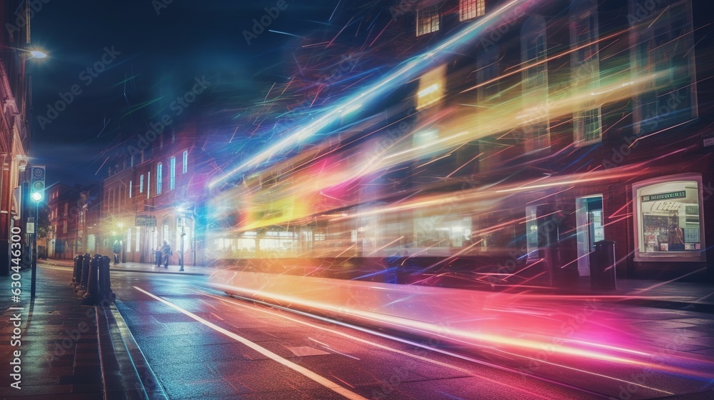 Road with light trails of passing vehicles. Motion speed light in city. Dynamic background. Town at night with speed traffic. Generative AI. Illustration for banner, poster, cover or presentation.