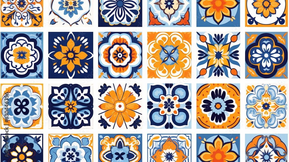 Collection of 18 ceramic tiles in turkish style. Seamless colorful patchwork from Azulejo tiles. Portuguese and Spain decor. Islam, Arabic, Indian, Ottoman motif. generative ai - obrazy, fototapety, plakaty 