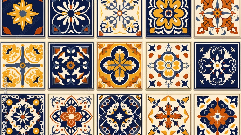 Collection of 18 ceramic tiles in turkish style. Seamless colorful patchwork from Azulejo tiles. Portuguese and Spain decor. Islam, Arabic, Indian, Ottoman motif. generative ai - obrazy, fototapety, plakaty 