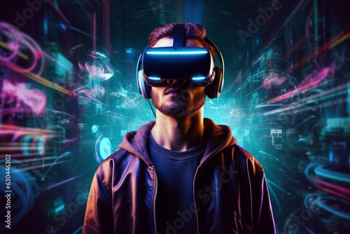 AI artificial intelligence man wearing VR glasses virtual global world internet connection and a new experience in the future metaverse. Metaverse technology concept: innovation of the, Generative AI