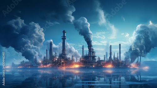 Beautiful planet earth with oil derricks  chimneys of factories with smoke extracting energy on a blue background. Pollution and global warming  concept. Energy and the global world. generative ai