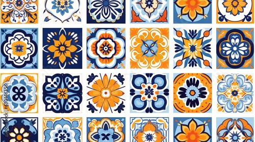 Collection of 18 ceramic tiles in turkish style. Seamless colorful patchwork from Azulejo tiles. Portuguese and Spain decor. Islam, Arabic, Indian, Ottoman motif. generative ai