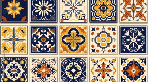 Collection of 18 ceramic tiles in turkish style. Seamless colorful patchwork from Azulejo tiles. Portuguese and Spain decor. Islam, Arabic, Indian, Ottoman motif. generative ai