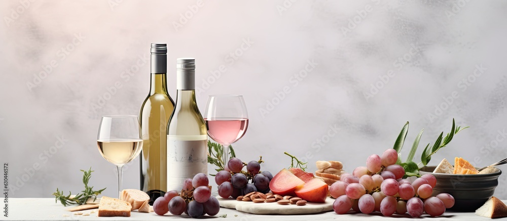 A bottle of pink wine with an appetizer set is featured in a romantic dinner scene on a light gray stone background. represents Mediterranean food and drinks for a wine party dinner.