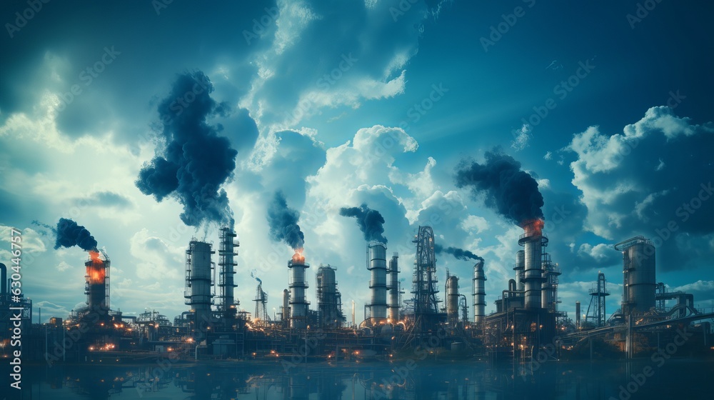 Beautiful planet earth with oil derricks, chimneys of factories with smoke extracting energy on a blue background. Pollution and global warming, concept. Energy and the global world. generative ai Beautiful planet earth with oil derricks, chimneys of factories with smoke extracting energy on a blue background. Pollution and global warming, concept. Energy and the global world. generative ai