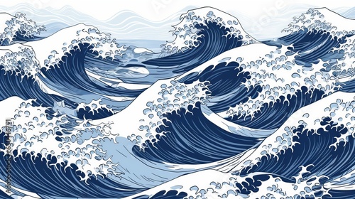 Sea waves sketch pattern. Ocean surf wave hand drawn horizontal seamless pattern vector illustration generative ai