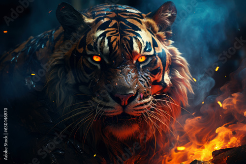 Aggressive mystical angry tiger on a dark background with smoke and fire © staras