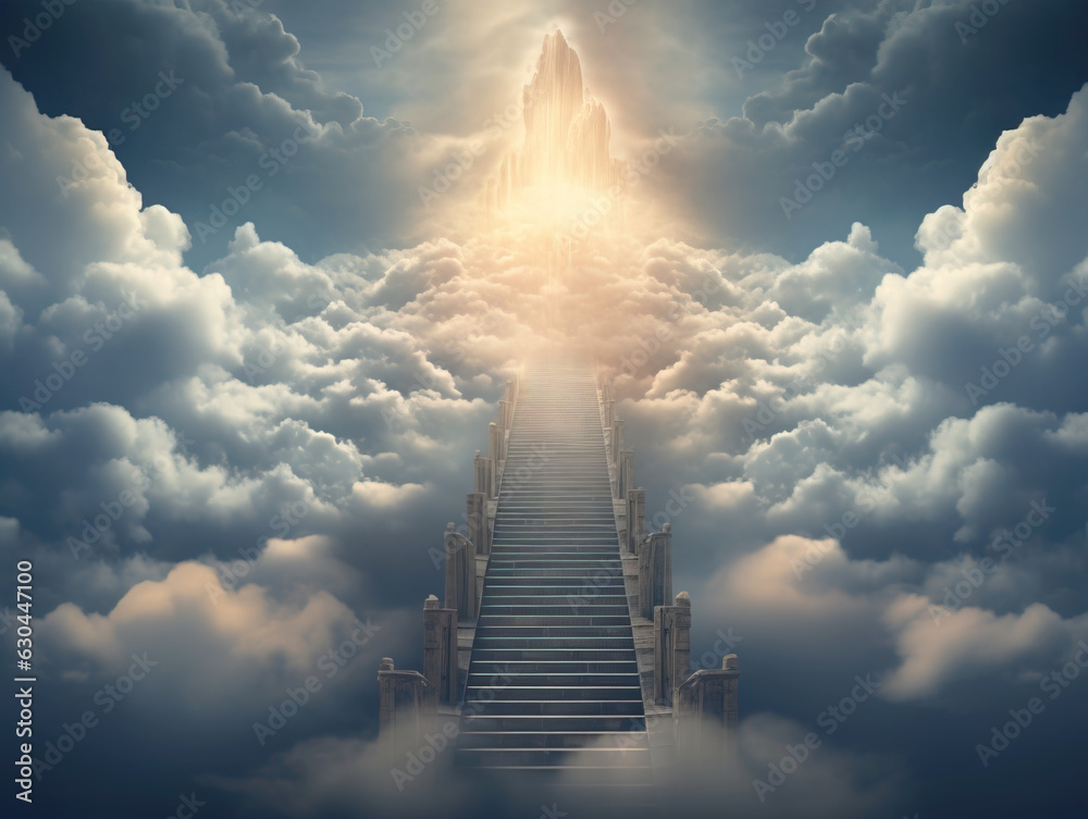 Stairway through the clouds to the heavenly light. Stairway to heaven. Copyspace. Generative AI