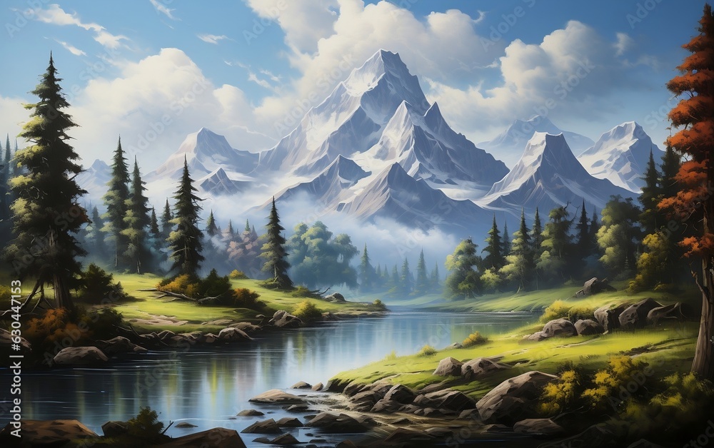 Mountain and Lake View: Blue Sky and Tree Forest Oil Painting. AI