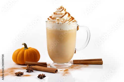 Tela Seasonal pumpkin spice latte in mug on white background