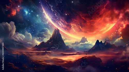 An image depicting a cosmic landscape filled with colorful nebulae