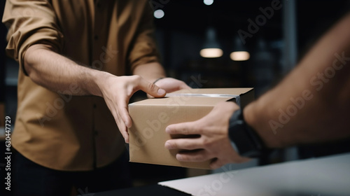 Man hand accepting a delivery of boxes from deliveryman. Home delivery courier service and shipment concept. Generative ai