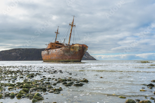 OLD SHIP GROUNDED AT CABO SAN PABLO. TRAVEL DESTINATION IN TIERRA DEL FUEGO. ARGENTINE PATAGONIA.