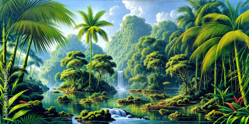 Landscape Illustration Island Fantasy 3D Realistic Jungle Environment