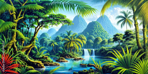 Landscape Illustration Island Fantasy 3D Realistic Jungle Environment
