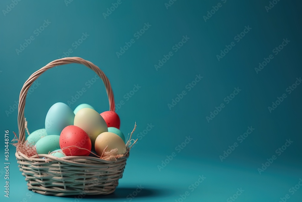 straw basket full of colourful eggs with blue background straw basket full of colourful eggs with blue background