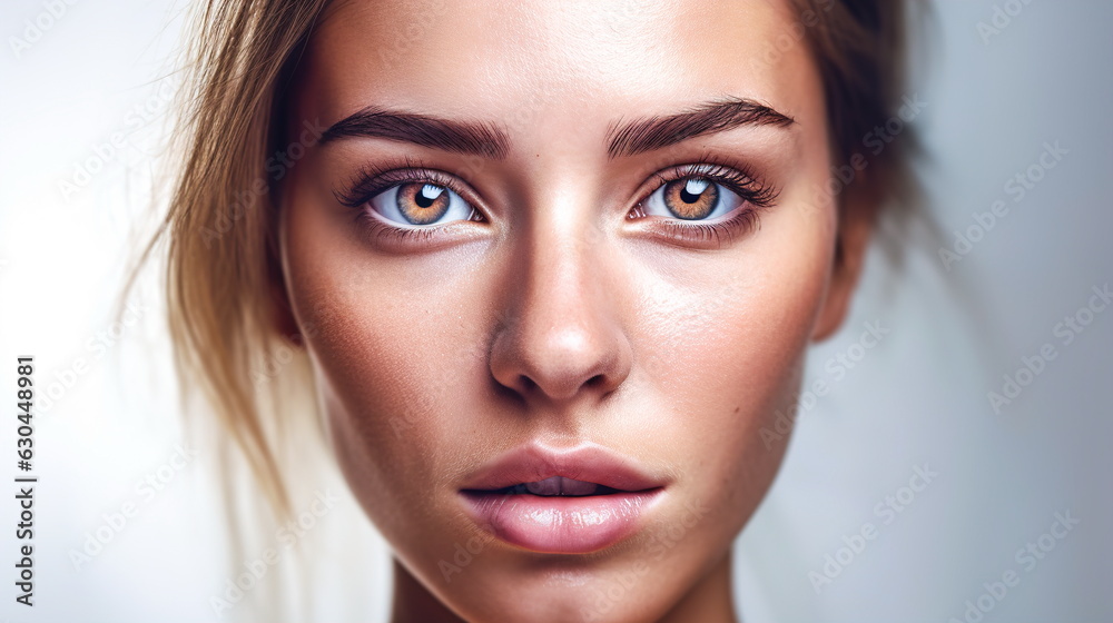 Close-up portrait of a young woman with clean skin looking directly into the lens on a light background. Close-up portrait of a young woman with clean skin looking directly into the lens on a light background.