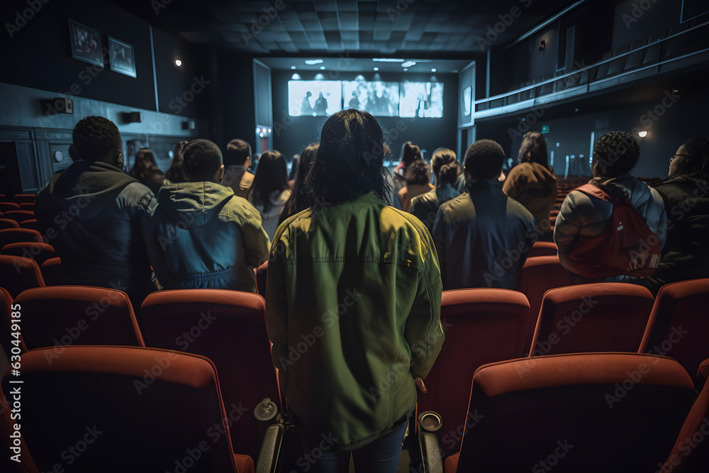 Lot of people in the seats in the hall of the cinema, theater look at the stage or screen, view from the back. Generative AI