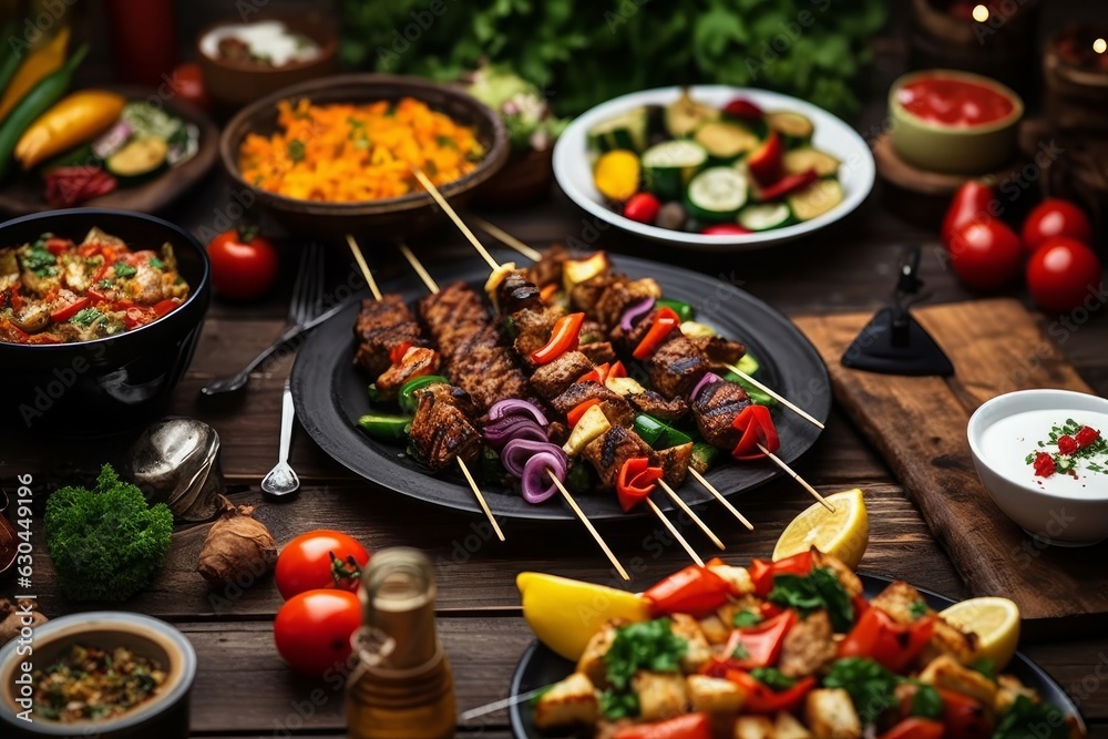 Middle eastern, arabic or mediterranean dinner table with grilled meat and vegetables, chicken skewers with roasted vegetables and appetizers variety serving on a rustic outdoor table, Generative AI 