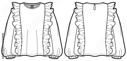 Girls Ruffle Blouse woven top design flat sketch fashion illustration vector template with front and back view, Toddler baby girl long sleeve frill detail blouse top